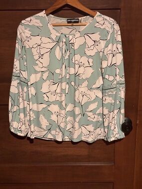 Karl Lagerfeld Mint and White Floral Tie-Neck Blouse